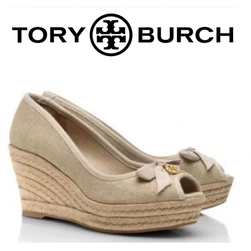 Tory Burch Jackie Beige Canvas Peep Toe Wedges